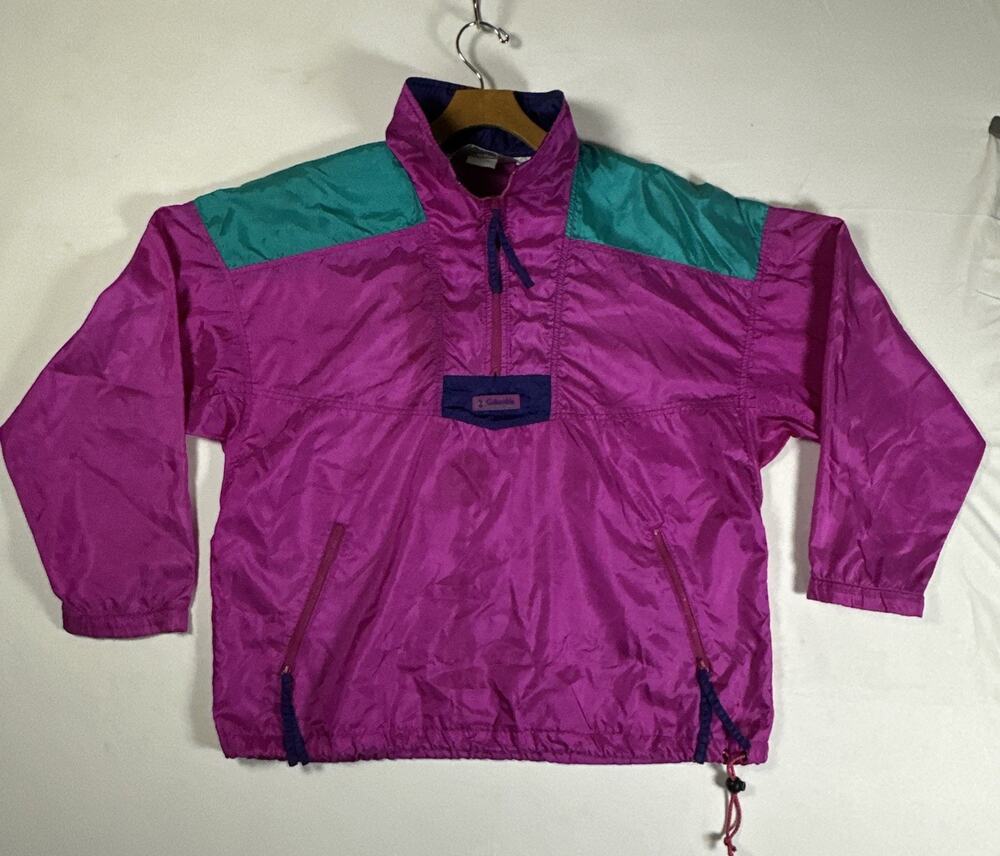 Vintage Columbia Radial Sleeve Windbreaker Womens L Pink Teal 80s 90s Pullover